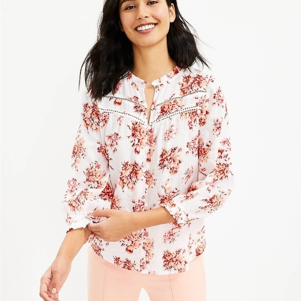 Loft Bouquet Lacy Ruffle Blouse White Red Floral Cotton Button Front Top Size LG